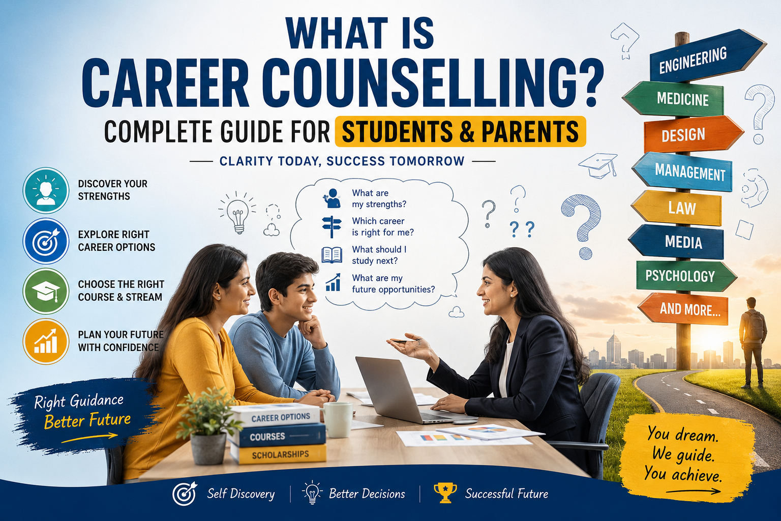 Career counselling infographic showing the step-by-step process of career guidance for students and parents