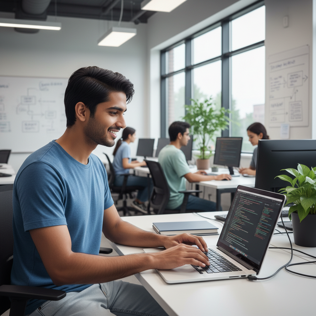 Indian engineering student working on a technical project